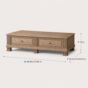 Table basse en bois massif chêne cerisé avec 2 tiroirs et détails cannelés, table de rangement pour salon, bureau à domicile, 48-84 pouces - Product Image 5