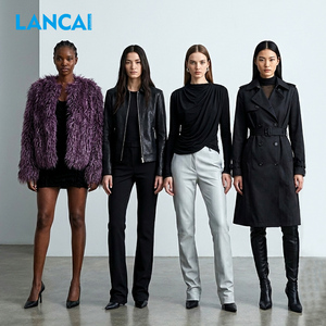 Ensemble haut à col roulé noir et pantalon gris clair pour femme LANCAI, style minimaliste d'automne, coupe régulière, manches longues, tissu crêpe - Product Image 1