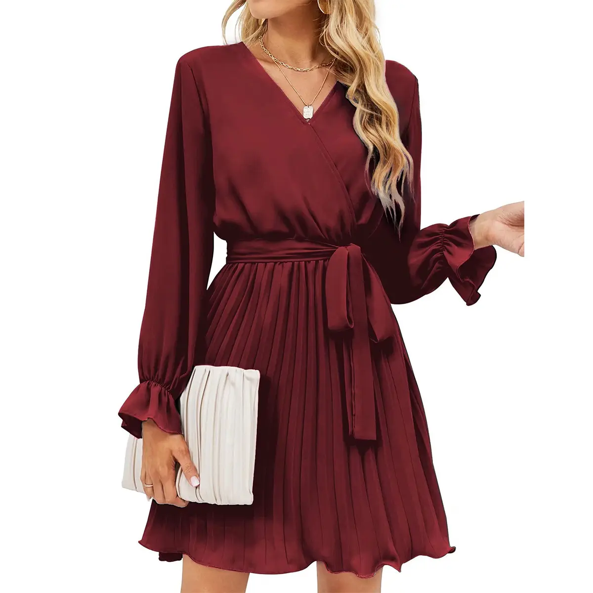 Women's Wrap V-neck Dress Wedding Guests Casual Pleated Long Sleeve Mini Dress