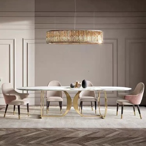 Table de salle à manger moderne en acier inoxydable avec piédestal doré Mobilier de salle à manger de luxe personnalisé - Product Image 1