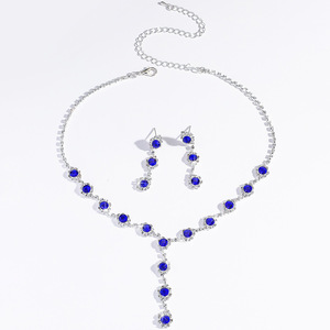 Parure de bijoux de mariée simple en strass, collier et boucles d'oreilles en cuivre, accessoires transfrontaliers plaqués zinc bleu, vente chaude en gros - Product Image 4