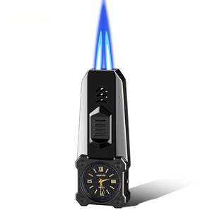 Accendino per orologio da sigari in metallo riutilizzabile doppio getto blu dritto - Product Image 1