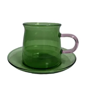 Bán buôn tùy chỉnh màu Glass Tea Cup và chiếc đĩa đặt Glass Mug Set với tấm