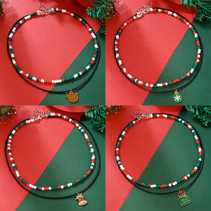 Christmas Layered <b>Necklace</b> Women's Double Strand Beaded Choker With Pendant Gift Jewelry - Product Image 3