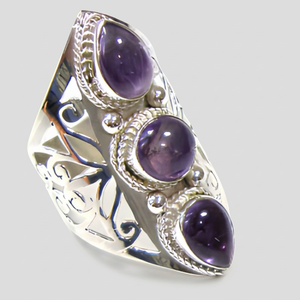 Amethyst 925 Sterling Silver Triple Stone Ring Handmade Jewelry Purple Gemstone Statement Ring Vintage Boho Style - Product Image 1
