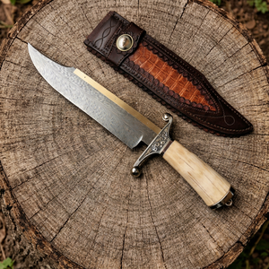 Cuchillo Bowie de Acero de Damasco Hecho a Mano, Hoja de Punta Caída, Mango de Cuero, Funda de Cuero, para Caza y Uso al Aire Libre - Product Image 1