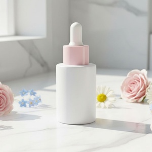 Emballage de sérum cosmétique personnalisé de luxe couleur perle blanche, flacon compte-gouttes en verre de 30 ml (1 oz) avec bouchons compte-gouttes roses - Product Image 1