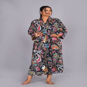 Kimono Elegante de Algodón Azul para Mujer, Tallas Grandes, Estampado Floral Hecho a Mano, Ropa de Estar por Casa, Disponible a Precio de Mayoreo - Product Image 1