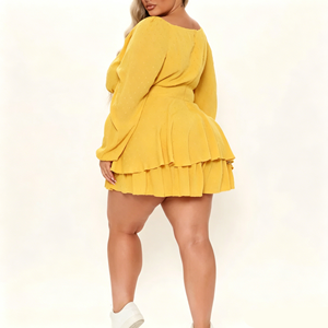 Robe professionnelle grande taille en mousseline de soie jaune miel, mini, à volants, coupe évasée, fluide, à manches ballon, pour l'été <span class=keywords><strong>et</strong></span> <span class=keywords><strong>les</strong></span> occasions sociales, prête pour la technologie de pointe - Product Image 3