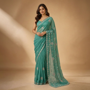 Sari de Seda Moonga Morado de CHOHAN TEXTILE, Largo hasta el Suelo, Sin Arrugas, de Secado Rápido, con Protección Solar, Borde Dorado Zari, Estilo Vintage para Bodas y Fiestas - Product Image 1