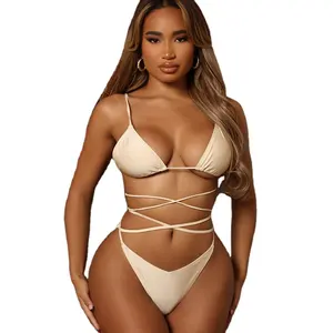 Wholesale Fashionable Long String Beachwear 2022 Beige Cross Front Triangle Plus Size Swimwear Bikini For Fat Women