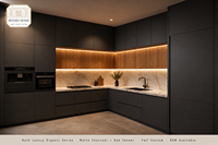Lemari Dapur Modern Dua Warna Matte Charcoal Oak Veneer Tanpa Gagang Full-Custom OEM LED Strip Langsung dari Pabrik