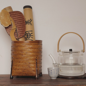 Seau à thé en bambou tressé, cuillère à thé pour six messieurs, aiguille à thé, pinces à thé, seau de rangement, organisateur de bureau, porte-stylo, fleur - Product Image 1