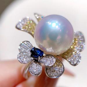 Bague de luxe en argent S925 haut de gamme, incrustée de diamants et de fleurs, perles naturelles rondes de 12-13 mm, nouvelle collection - Product Image 4