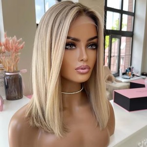 Perruque BOB Courte en Cheveux Humains Vierges de Haute Qualité, Blond Platine Raides avec Racines Foncées, Balayage Brun, Cheveux de Bébé, Perruque Lace BOB - Product Image 6