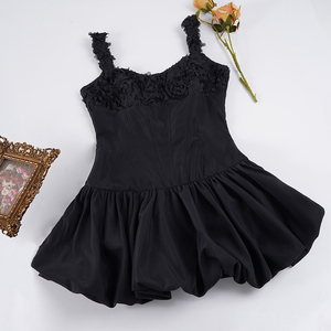 Vestido Elegante de Fiesta, Sin Mangas, Corto, Ecológico, Tejido, Corte en A, con Peplum Floral 3D, Cintura Definida, Color Sólido de Verano - Product Image 6