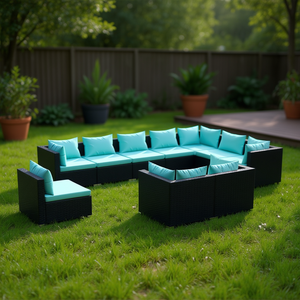 Ensemble de salon de jardin en rotin noir avec coussins bleu ciel, mobilier d'extérieur 10 places, design contemporain - Product Image 2