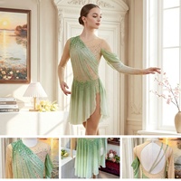 Robe de danse lyrique personnalisée R0973, vert ombré, avec strass, manches longues en maille, pour filles, pour compétitions et spectacles de danse contemporaine