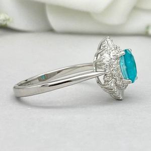Anillo de Halo con Circonitas Redondas Baguette en Plata de Ley Art Deco, Anillo de Compromiso con Turmalina Paraiba Ovalada en Plata S925 - Product Image 5