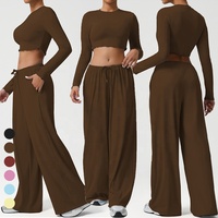 Tenues de sport décontractées pour femmes à manches longues en 2 pièces, haut de yoga doux comme du beurre et pantalon large à jambes larges, vêtements de danse, de fitness et de gym