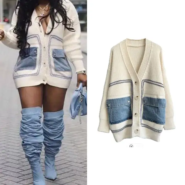 Bomblook C1009TP 01 Streetwear Fashion Casual Knit Sweater Women Denim Patchwork Elegant Long Sleeve V-Neck Cardigan Sweater