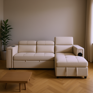 Canapé-lit sectionnel en forme de L multifonctionnel beige-lin de 96 pouces avec fonction de sortie lit, chargeur sans fil, porte-gobelets, appui-tête réglable, rangement dissimulé - Product Image 2