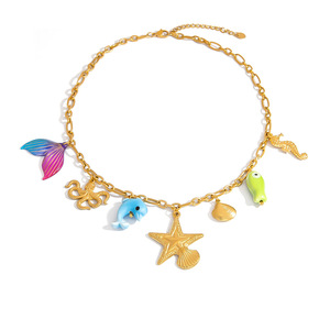 สร้อยคอสแตนเลสสตีลธีมมหาสมุทร จี้สีทอง 18K ประดับด้วยปลาดาวและเปลือกหอย สำหรับผู้หญิง ของขวัญเครื่องประดับ - Product Image 5