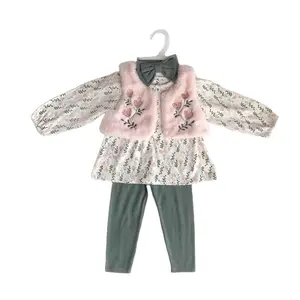 Winter Girls suits long sleeve Top+fluffy waistcoat little baby girls 3 piece set Girls clothing sets
