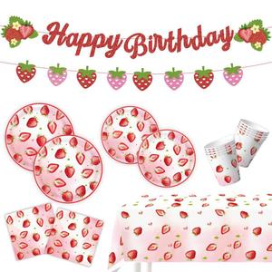 Ensemble d'assiettes en papier pour fête d'<span class=keywords><strong>anniversaire</strong></span> sur le thème des fraises, jetables, imprimées UV, style dessin animé, fournitures de fête pour enfants avec gobelets et serviettes - Product Image 4