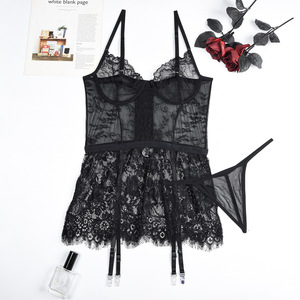 Ensemble de lingerie sexy pour <span class=keywords><strong>femme</strong></span> <span class=keywords><strong>en</strong></span> maille transparente, style teddy, avec <span class=keywords><strong>porte</strong></span>-jarretelles <span class=keywords><strong>en</strong></span> dentelle, soutien-gorge et culotte à armatures, lingerie érotique <span class=keywords><strong>en</strong></span> Spandex - Product Image 3