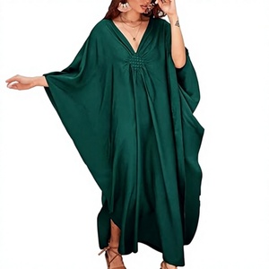 Women's Solid Green V Neck Maxi Abaya <b>Loose</b> Fit Long Sleeve Batwing Modest <b>Dress</b> With Slit Hem Polyester Daily Wear Summer Style - Product Image 1