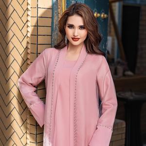 Ba5188 <span class=keywords><strong>Jupe</strong></span> <span class=keywords><strong>longue</strong></span> deux pièces <span class=keywords><strong>rose</strong></span> fleur de cerisier avec cardigan en diamant cousu à la main Robe pour femme du Moyen-Orient Dubaï - Product Image 2