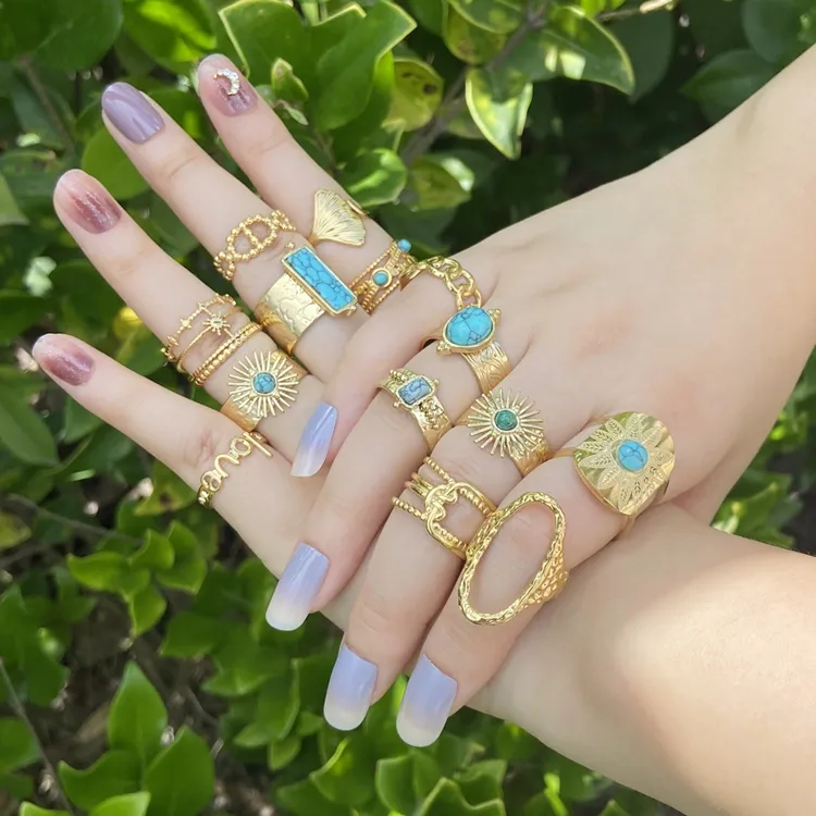 Hot Sell Fashion 18K Gold Filled Adjustable Stainless Steel Turquoise Rings for Women