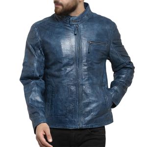 Chaqueta de Motociclista de Cuero Desgastado Azul para Hombre, Chaqueta de Cuero Vintage para Motocicleta, Prenda Exterior de Cuero Genuino Premium para Hombre - Product Image 1