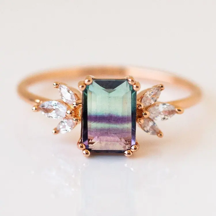 Delicate sterling silver marquise zircon girl woman gold plated engagement natural gemstone 14k gold plated fluorite stone ring