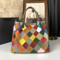 Tas Tangan Wanita Kulit Asli Motif Retro dengan Aplikasi Ritsleting, Lapisan Atas Kulit Sapi, Sambungan Kulit, Kapasitas Besar, Motif Bunga Berwarna-warni