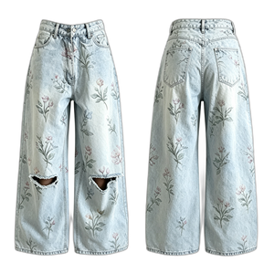 SOONREE Jeans Acampanados para Niñas con Estampado Floral, Rotos, Azul Claro, Pantalones de Mezclilla para Niños, Moda Y2K, Verano, Venta al por Mayor - Product Image 1