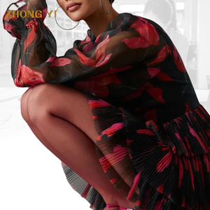 Customizzazione dei produttori di abbigliamento di lusso Premium da donna <span class=keywords><strong>con</strong></span> collo quadrato maniche lunghe svasate a strati floreale in <span class=keywords><strong>Tulle</strong></span> abito <span class=keywords><strong>corto</strong></span> causale - Product Image 4