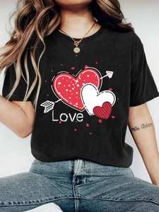 T-Shirt da Donna per San Valentino, Stampa Cuore Nero e Rosso, Collo Tondo, Casual, Leggera, Traspirante, in Cotone, Manica Corta, Primavera Estate - Product Image 1
