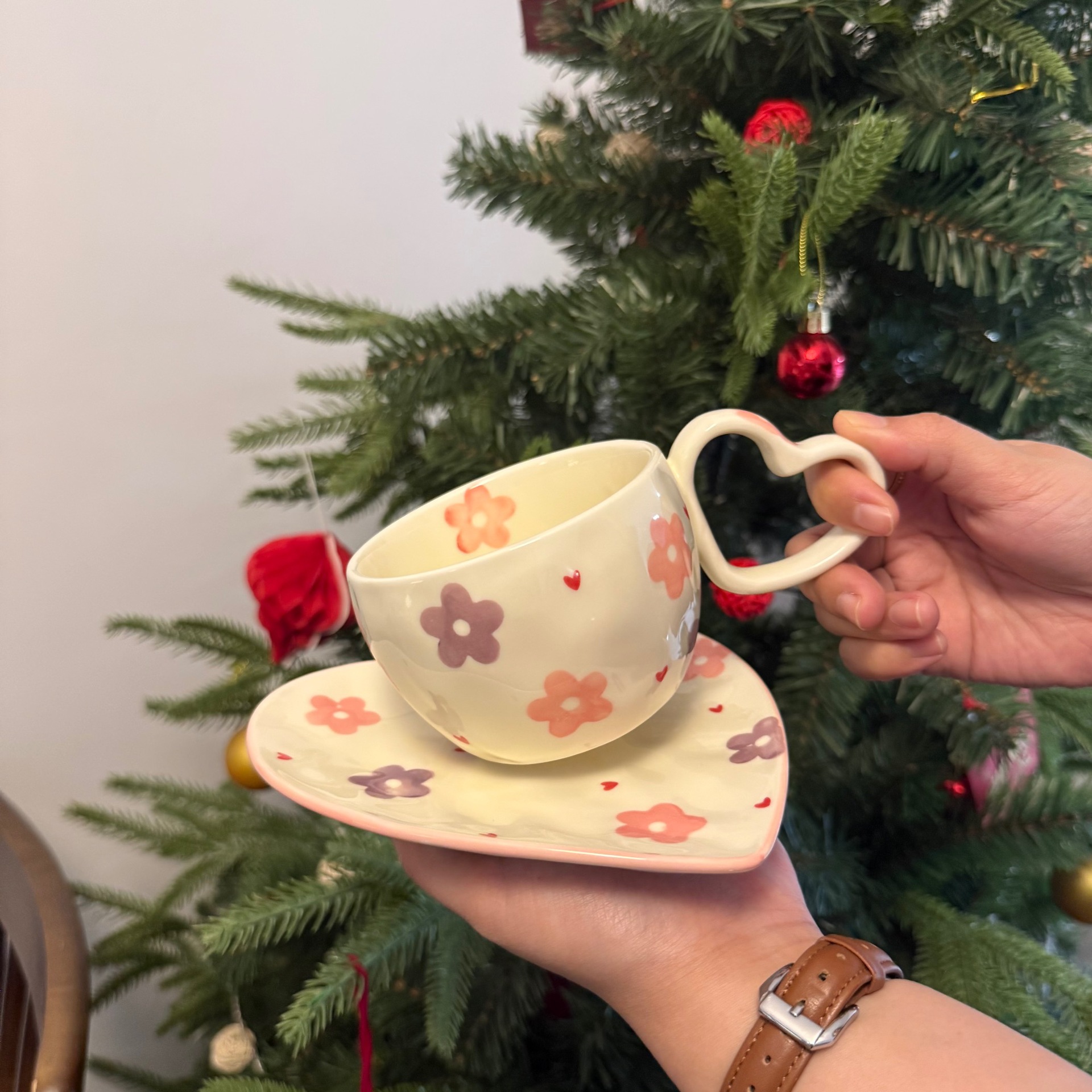 Tazza di fiori rosa viola 280ml + piattino 15.3*14.2cm