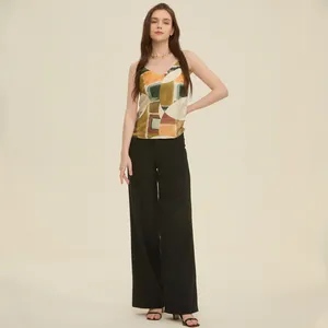 Support custom design V-neck Cami top brown pattern silk viscose satin top women summer wear