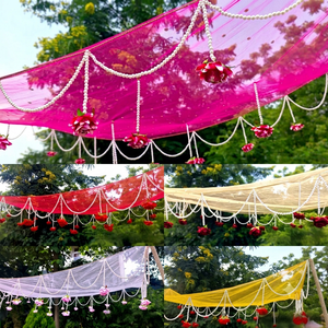 Décoration de plafond de mariage : suspension en maille perlée florale, draperie en tissu pour réception de banquet, entrée de la mariée Haldi Mehndi - Product Image 1