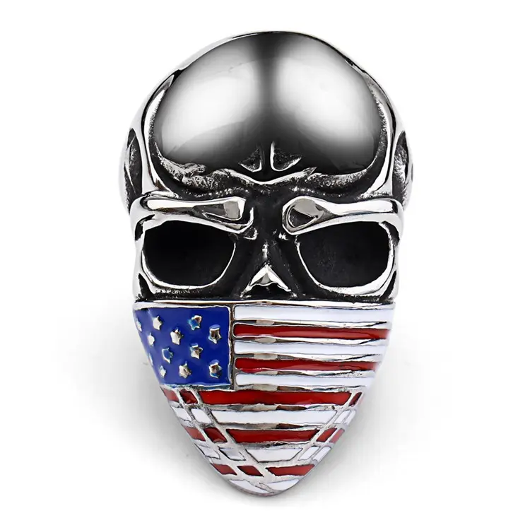 Bague de motard pour hommes, drapeau américain, crâne masqué, tendance, vente en gros,