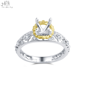 Nouveautés : Bague semi-montée artisanale en dentelle antique avec diamants naturels véritables, en or massif 18 carats blanc et jaune - Product Image 5