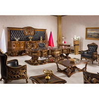 Ensemble de canapés de bureau exécutif de style victorien, en bois sculpté à la main, canapé en cuir noir classique de luxe, meubles pour bureau