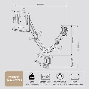 Support double appareil KHCOOHOO Noir pour écrans d'ordinateur portable 17 pouces et moniteur <span class=keywords><strong>32</strong></span> pouces, 10 kg par bras, rotation à 360°, acier, hauteur réglable - Product Image 6