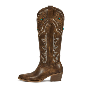 WETKISS Bottes de cowgirl western à bout pointu pour <span class=keywords><strong>femme</strong></span>, turquoise, cloutées, hauteur genou, talon épais rétro, bottes longues - Product Image 2