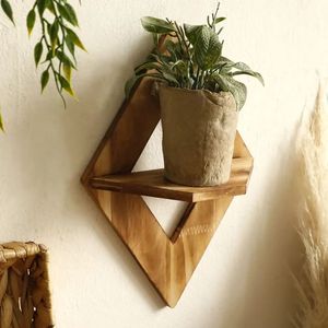 Wooden <b>Wall</b> <b>Mounted</b> Rhomboid <b>Shelf</b> Geometric Design For Plants Bedroom Living Room Storage Display Rack - Product Image 1