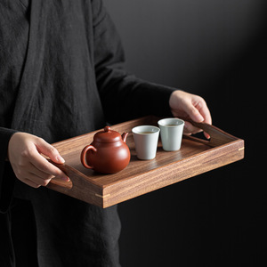 Plateau rectangulaire en bois de noyer You Ran avec poignée pour servir le thé - Product Image 1