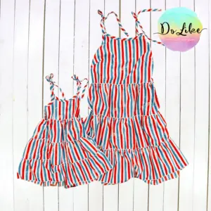 Fashionable woven design little girl dresses red and blue stripe kids clothes sweet mummy and me summer dress